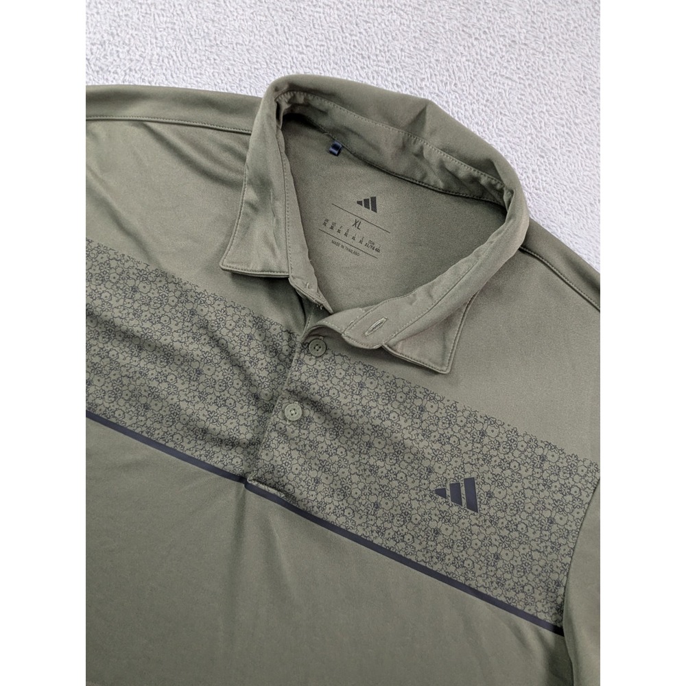 Adidas Mens XL Golf Polo Shirt Olive Floral Graphic Performance Short Sleeve